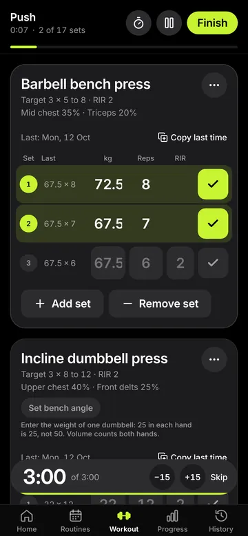 The workout logger: last time's weights beside each set, ticked sets and a rest timer counting down.